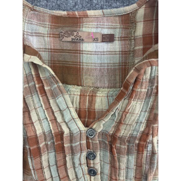 Prana Popover Shirt Women's XS Brown Plaid Button Front Long Sleeve Drawstring - Picture 2 of 6